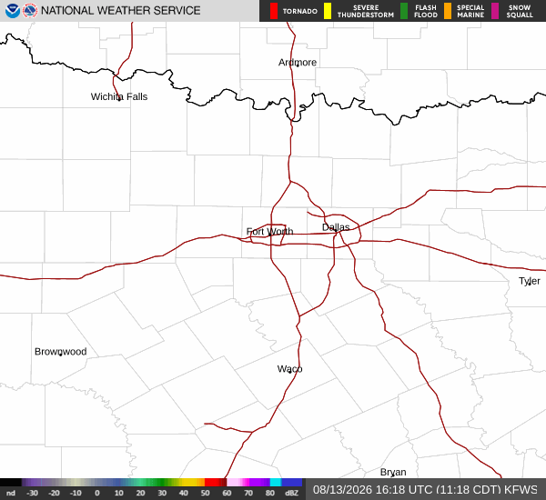 Latest National Weather Service radar for North Texas (KFWS radar). Source: radar.weather.gov.