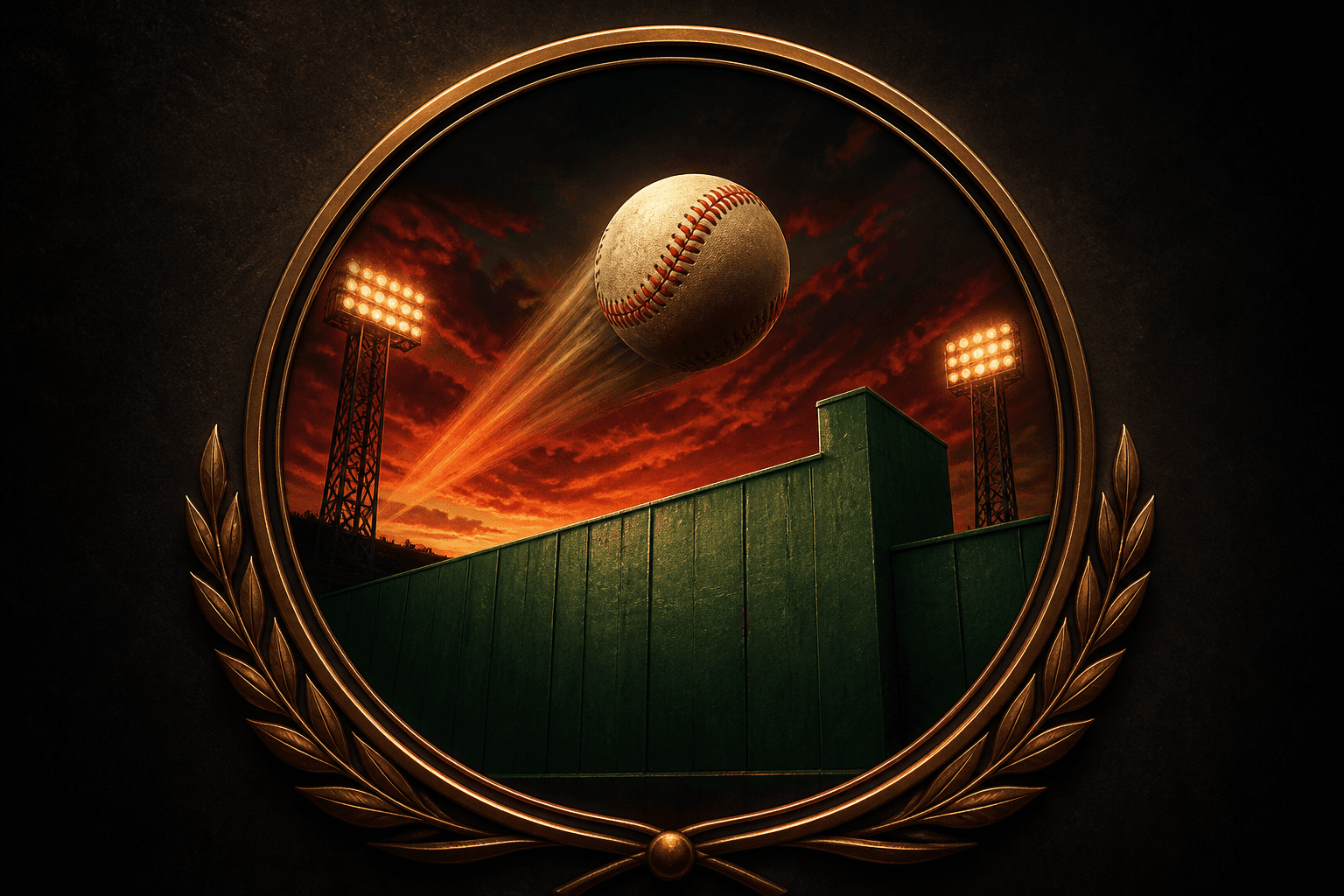 Symbolic baseball clearing a tall green outfield wall inside a gold circular emblem, no athletes