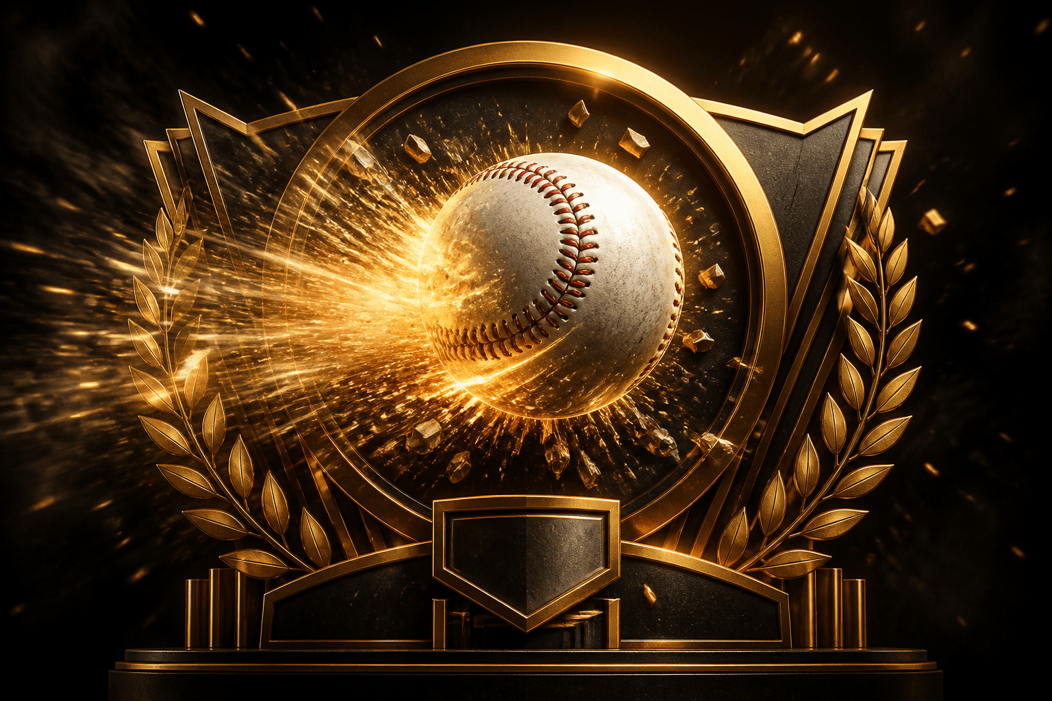 Symbolic baseball in a gold trophy frame with laurel wreaths, no athletes