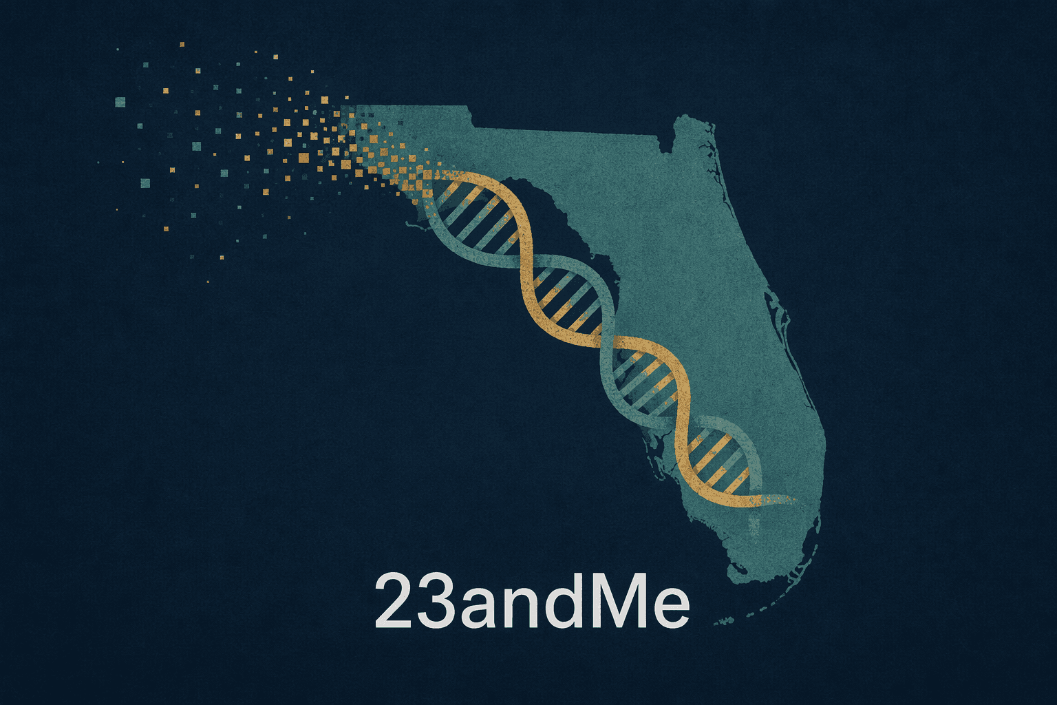 The shape of Florida with a DNA helix dissolving into data, 23andMe - illustration, Jake Team LLC